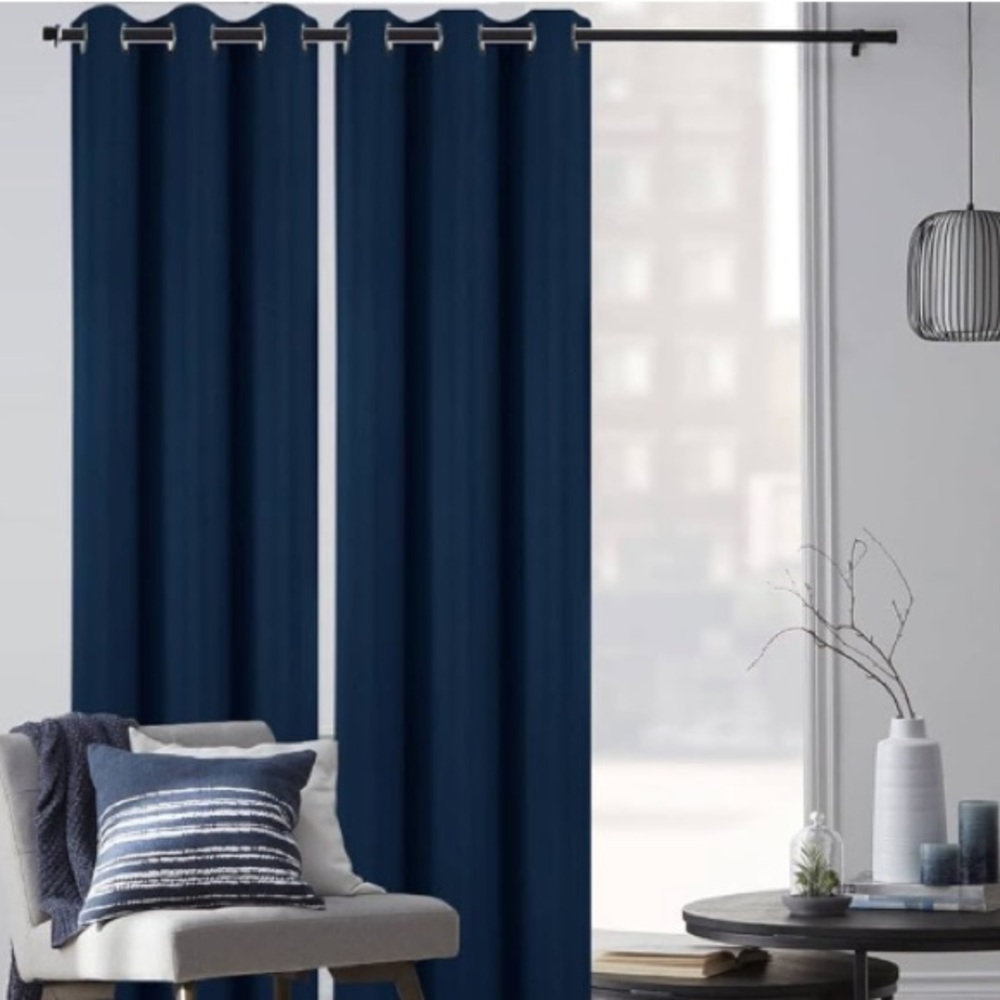 Max Blackout Navy Blue 2 panel curtains either 6 silver color rings 38”Wx84”L